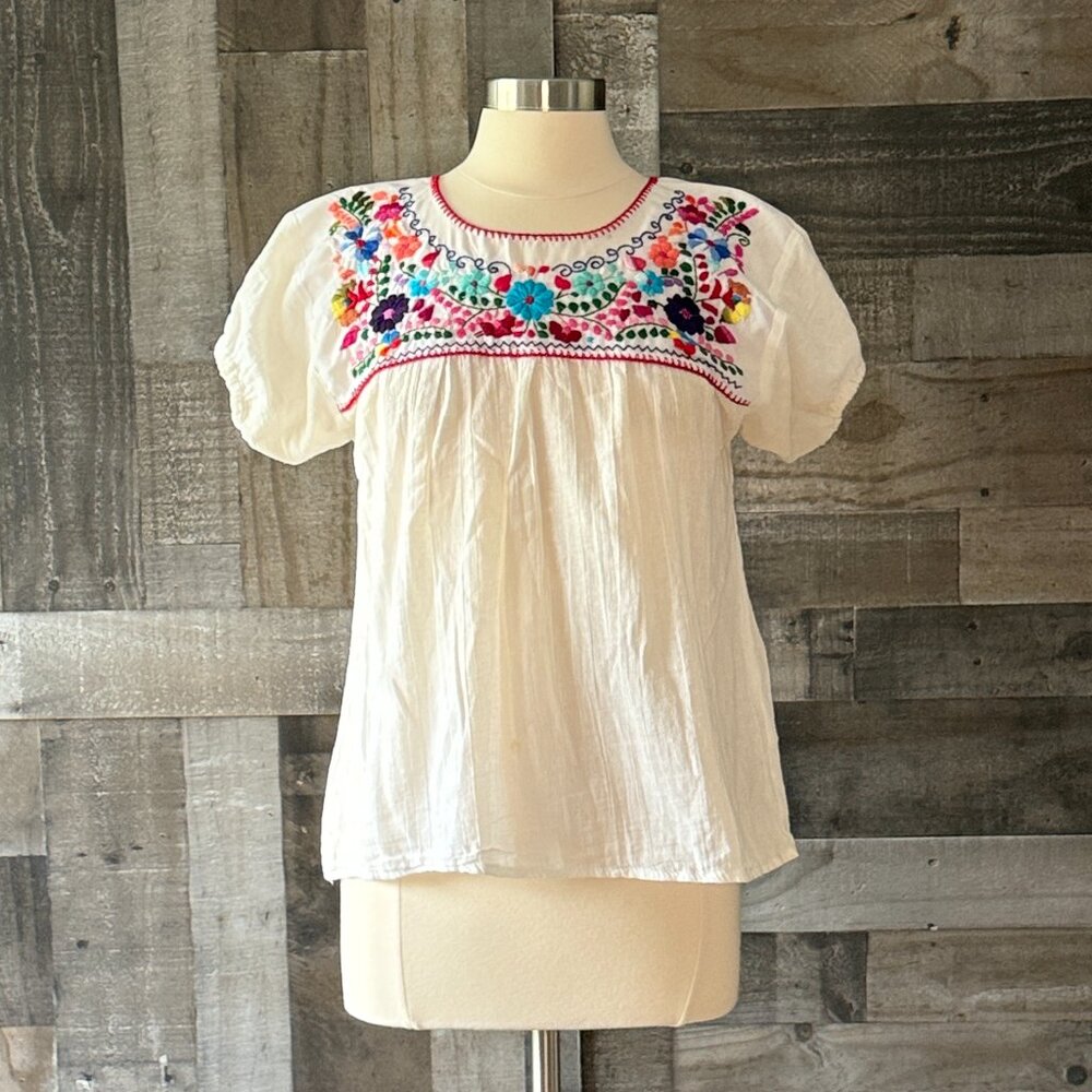 White puff sleeves feista top medium rainbow floral embroidery festival party - Picture 10 of 10